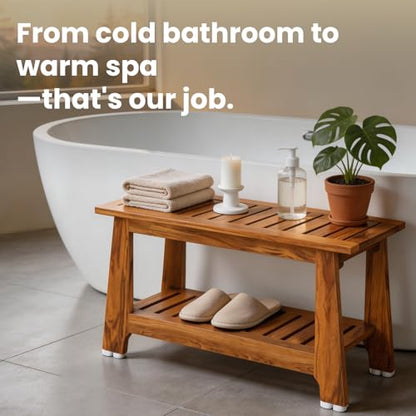NNN 30" Commercial Heavy Duty Teak Shower Bench, Patented, Non-Slip Stable | with 8 Japan-Made Non-Slip Leveling Feet, Mortise-Tenon Legs 350lb, Pre-Oiled European Teak Oil, Marine-Grade Hardware - size: 30"W x 14" Dx 18"H