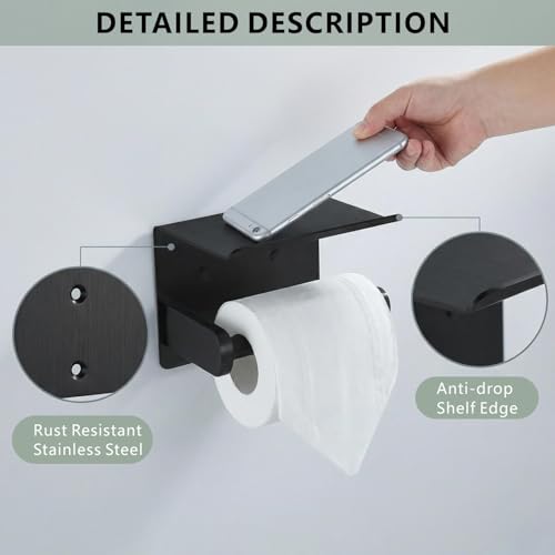 Toilet Paper Holder with Shelf, Heavy-Duty Stainless Steel Bathroom Hardware, Self-Adhesive No-Drill/Drill-Mount Wall-Mounted Roll Holder, Rust-Proof Bathroom Tissue Rack (Black) - color: Black