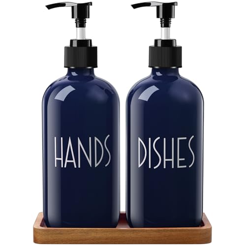 Navy Blue Dish Soap Dispenser for Kitchen - 16 OZ Hand Soap Dispenser Set with Acacia Wood Tray - Blue Kitchen Bathroom Home Decor and Accessories - color: Navy Blue