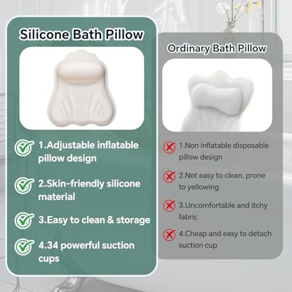 Luxury Silicone Bath Pillow for Tub, New Cloud-Soft 4D Air-Cushion Bathtub Pillow for Head and Neck & Back Support, Strong Suction Cups, Waterproof Quick-Dry Bathtub Headrest (White) - color: White