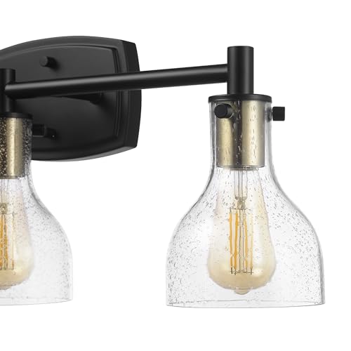 GLOBE Electric 63000062 5-Piece All-in-One Bathroom Set, Matte Black & Brass, 3-Light Vanity Light, Seeded Glass, Towel Bar, Toilet Paper Holder, Towel Ring, Robe Hook, Bathroom Lights Over Mirror - color: Matte Black, Bailey (5-Piece)