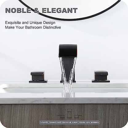 GAGALIFE 8 Inch Waterfall Bathroom Faucets 3 Hole - Oil Rubbed Bronze Widespread Bathroom Faucet with Pop-up Drain, Two Handles Bathroom Sink Faucet, Modern Vanity Sink faucets with Supply Lines - color: Oil Rubbed Bronze, style: With Drain