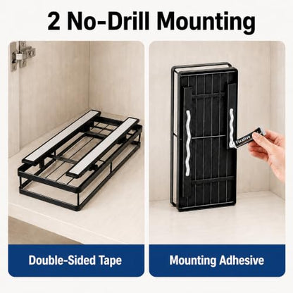 Pull Out Cabinet Organizer, 1-Tier Metal Slide Out Basket | Black metal mesh basket, smooth slide-out rail, no-drill adhesive setup, for frameless kitchen cabinets and pantry storage