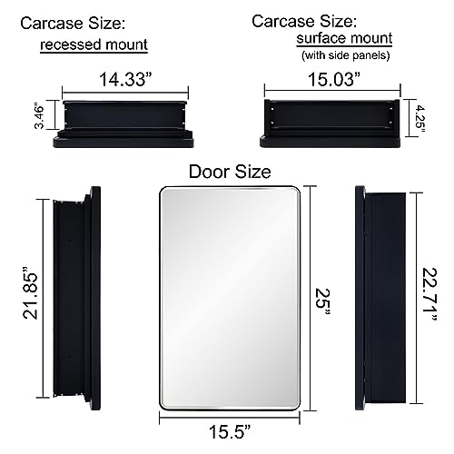 Black Bathroom Mirror Medicine Cabinet with Round Corner Framed Door and Beveled Edge Mirror 15 x 25 inch, Recessed or Surface Mount, with Adjustable Glass Shelves