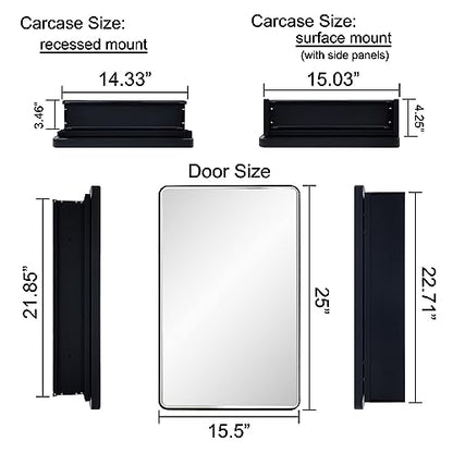 Black Bathroom Mirror Medicine Cabinet with Round Corner Framed Door and Beveled Edge Mirror 15 x 25 inch, Recessed or Surface Mount, with Adjustable Glass Shelves