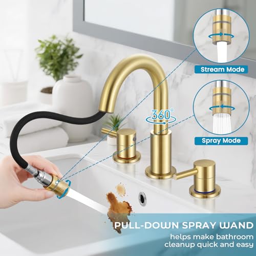 8 Inch Bathroom Faucet 3 Hole Gold Pull Down Bathroom Sink Faucet | Stainless Steel,Two Water Flow Modes,Brushed Nickle,3 hole Widespread,Pop-up Drain,Water Supply Hoses,Pull Down Sprayer, - color: A-Brushed Gold