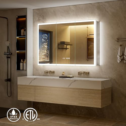48x30 LED Medicine Cabinet Mirror with Double Lights-Front & Backlit, 155°Soft-close Hinge, Surface or Recessed Dimmable Lighted Medicine Cabinet Mirror with Clock Outlet Inner Light,Anti-fog - size: 48x30'' (Cabinet)
