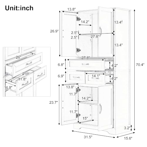 JIVOIT 70" Tall Bathroom Storage Cabinet with 4 Doors and 3 Drawers | Freestanding Linen Tower, Adjustable Shelves, MDF Board White Bathroom Organizer, Aluminum Alloy Hook, Space-Saving - color: White//56