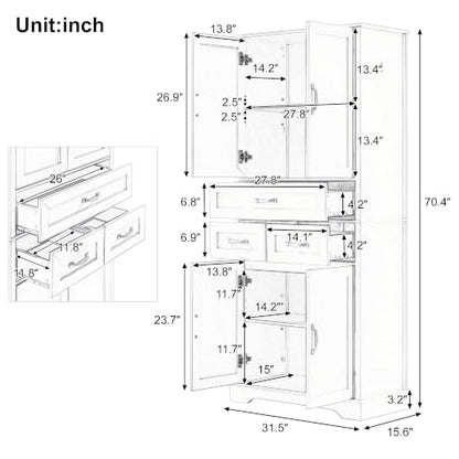 JIVOIT 70" Tall Bathroom Storage Cabinet with 4 Doors and 3 Drawers | Freestanding Linen Tower, Adjustable Shelves, MDF Board White Bathroom Organizer, Aluminum Alloy Hook, Space-Saving - color: White//56