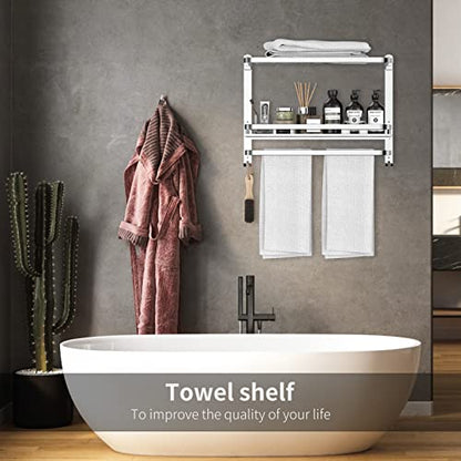 CAXIMSY Towel Rack with Shelf, 22.63" Bathroom Shelf with Double Towel Bars Stainless Steel, Wall Mounted, Foldable Top, 2 Hooks, Adhesive/Screw Install, Space-Saving for Small Bathrooms & Apartments - color: Collapsible Towel Rack With Bathroom Organize
