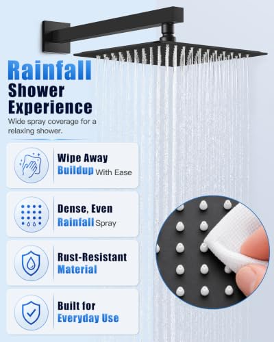 Heyalan 12 Inch Square Rain Shower Faucet Set with Valve, Matte Black | Female-thread 1/2-inch NPT connections, SUS304 shower head, brass rough-in valve, single-handle control Shower Set - color: Black, size: 12 Inch Square Shower Head