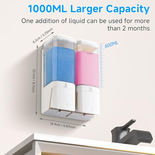 Shampoo and Conditioner Dispenser,GlintGath Shower Dispenser 2 Chamber No Drill Shampoo Dispenser for Shower Wall Mounted Shower Soap Dispenser for Bathroom Hotel,Large Capacity 2 * 500ML,White - color: Clear White 2 Chamber