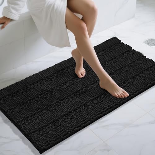 Yimobra Bathroom Rug Mat 47 x 24, Non Slip and Super Absorbent Bath Mat,Machine Washable Quick Dry,Ultra Plush Chenille Shower Rugs for Bathroom Floor Sink Tub and Shower Outside,Black - color: Black, size: 47" X 24"