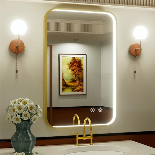 24x36 Inch Gold LED Bathroom Mirror with Lights,3000K/4500K/6000K | Stepless Dimmable, Anti-Fog, Memory Funtion, Aluminum Frame Wall Mount Lighted Bathroom Vanity Mirror, ETL Listed, Waterproof - color: Gold, size: 24"L x 36"W