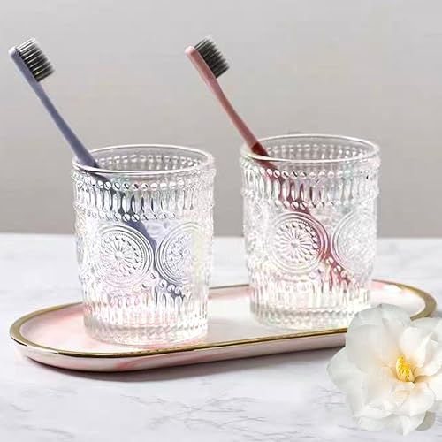 Glass Toothbrush Holders for Bathrooms, 10 oz Clear Tooth Brushing Dispenser, Small Tooth Brush Organizer for Vanity Countertop, Toothpaste Storage Stand, Tumbler Cup for Makeup Brushes