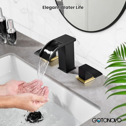 gotonovo Waterfall Bathroom Faucet 3 Hole Square Body,Black&Brushed Gold | SUS304 8’’ Widespread Bathroom Sink Faucet,2.17’’ Wide Spout,24’’ cUPC Hose,Pop Up Drain,2 Handle,Vanity,Lavatory,Basin,RV - color: Black&Gold