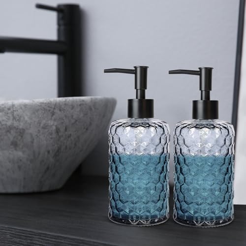Clear Charcoal Blue Glass Soap Dispenser with Pump, 16oz Honeycombed Design Hand Soap Dispenser, Refillable Lotion & Dish for Dishwashing Liquid, Lotion - color: Honeycombed Blue Grey