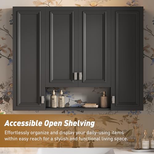 Marzzi 36" x 28" Bathroom Medicine Cabinet with Open Shelf | Wall Mounted Bathroom Storage Cabinet with Adjustable Shelves, Over The Toilet Wall Cabinet, Painted Finish - color: Black