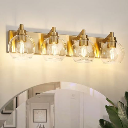 4-Light Brushed Gold Bathroom Vanity Light, Clear Glass Globe Shade | 26" modern bathroom light fixtures over mirror, E26 base, bulbs not included, VL195-BG-CL-4 - color: Brushed Gold, Clear Glass, size: 4-light