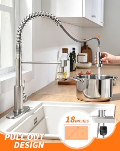 Kitchen Faucet with Pull Down Sprayer Brushed Nickel | 1 Handle Spring Sink Faucets,Lead-Free NSF Certified Stainless Steel, 1 or 3-Hole Deck Plate,Farmhouse, RV, Bar, Laundry Room - color: A - Brushed Nickel