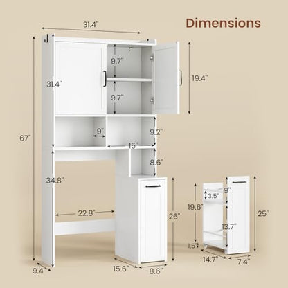 Over The Toilet Storage Cabinet with Rolling Storage Cart, Bathroom Organizers and Storage with Adjustable Shelf & Hooks, Above Toilet Rack for Bathroom, Restroom, Laundry, Save Space, White