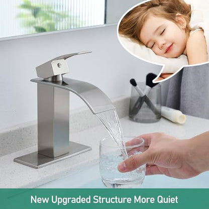 VOTON Waterfall Bathroom Faucets Brushed Nickel Modern Single Handle Sink Faucet for 1 or 3 Holes with Deck Plate and Pop-Up Drain, Rv Sink Camper Farmhouse Faucet - color: Brushed Nickel