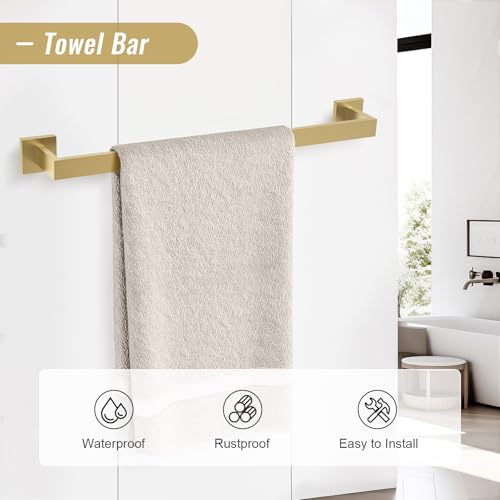 YACVCL Brushed Gold Bathroom Hardware Accessorie Set 23.6 Inch Towel Bar Set 5-Pieces Towel Rack&Holder Set for Bathroom,Upgraded Toilet Paper Holder with Shelf,Stainless Steel Wall-Mounted - color: 5 Pcs Brushed Gold