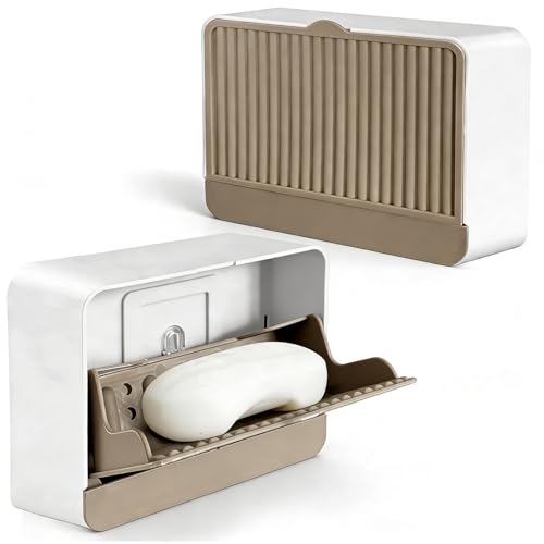 Strong Adhesive Hook Wall-Mounted Soap Dish Holder, 2-Layer Draining Tray with Removable Container, Keeps Soap Dry for Bathroom, Shower, Sink, Kitchen- Space Saver (1-Pack Khaki-Single Compartment) - color: 1-pk Khaki-single Compartment