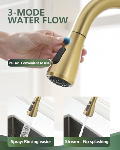 VFAUOSIT Kitchen Faucet with Pull Down Sprayer, Brushed Gold High Arc | Cold-Start Safety, 3 Spray Modes, 360° Swivel, cUPC/CEC Certified, Fingerprint-Resistant Finish, Ceramic Disc Valve - color: Gold