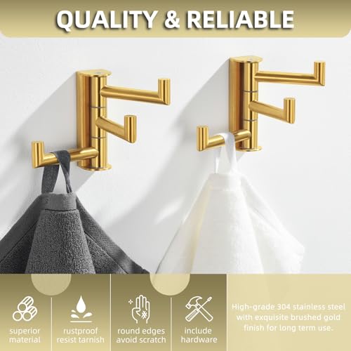 Angle Simple Towel Hooks, Swivel Bathroom Hook, Brushed Dark Gold, 2 Pack | SUS304 Stainless Steel, Folding 3 Arms, Kitchen Hand Towel Dishcloth Holder, Space Saver Fits Narrow Spot, Screws Mounted - color: Brushed Dark Gold, size: 2 Pack