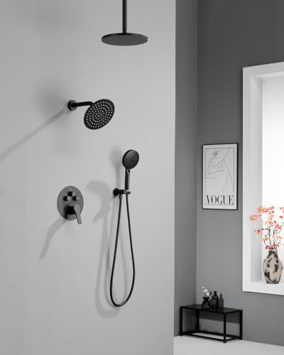 Iriber Matte Black Shower head with Handheld,8"+10" Rain Shower Faucet Set | 10 Inch Ceiling +8 Inch Wall Mount Dual Shower Heads,Push Button Diverter,3 Setting Handheld,Pressure Balance Valve Cartridge - color: Matte Black 06