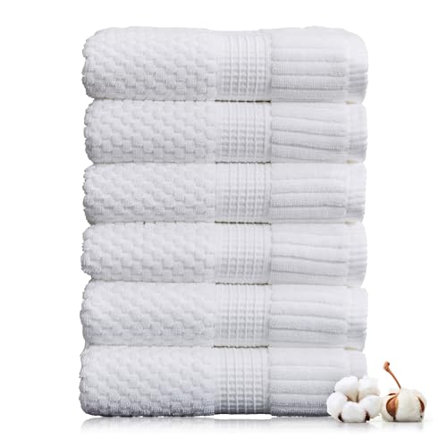 NY Loft 100% Cotton 6-Pack Hand Towel Set | White | Oeko-TEX | Quick-Dry | Six 16" x 28" Hand Towels | Super Absorbent | Designer-Styled Texture - color: Bright White, size: Hand Towel (6 Pack)