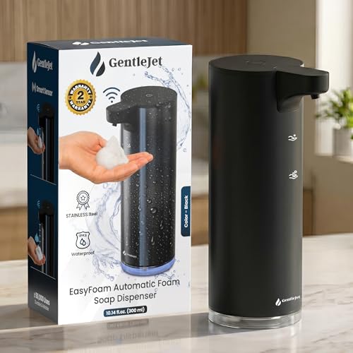 GentleJet EasyFoam Automatic Foaming Soap Dispenser, Touchless USB-C Rechargeable Sensor Pump, 304 Stainless Steel, Adjustable Foam, IPX5 Water-Resistant for Bathroom & Kitchen, 10 fl oz / 300 mL - color: Black