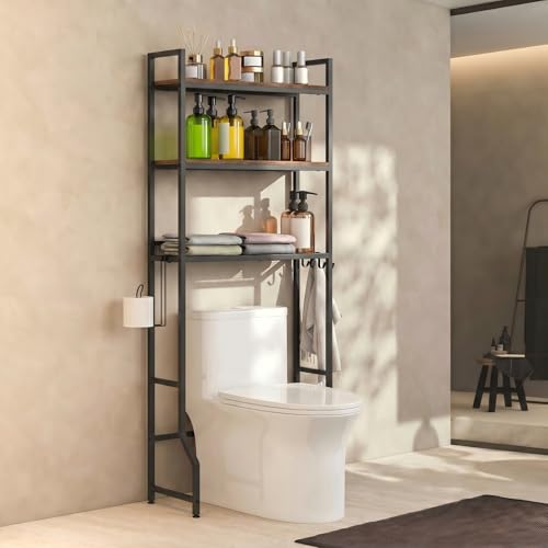 Over the Toilet Storage Cabinet Bathroom Storage Above Toilet | Over the Toilet Shelf, with Paper Holder and 4 Hooks, with Metal Frame, Space-Saving, Large Capacity Storage, Brown - color: Brown