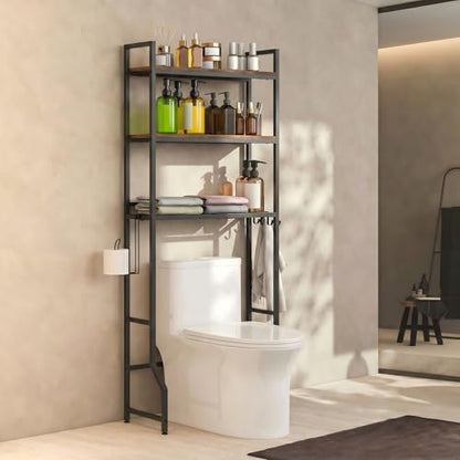 Over the Toilet Storage Cabinet Bathroom Storage Above Toilet | Over the Toilet Shelf, with Paper Holder and 4 Hooks, with Metal Frame, Space-Saving, Large Capacity Storage, Brown - color: Brown