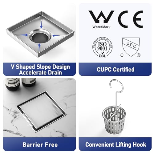 Square Shower Drain, 304 Stainless Steel Floor Drain 6" | with Tiled Insert Grate & Hair Strainer, Bathroom 2-in-1 Tiled in Drain, CUPC Certified - color: Brushed, size: 6''