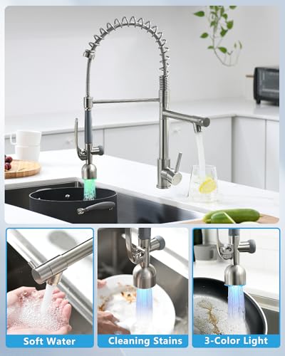 Fapully Commercial Pull Down Sprayer Brushed Nickel Kitchen Faucet | Single Handle Kitchen Sink Faucet with LED Light - color: Brushed Nickel, style: Modern