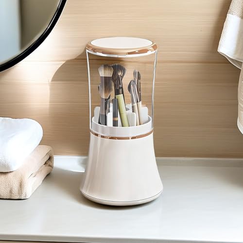 Makeup Brush Holder with Lid Cosmetic Tools Organizer 360 Rotating Waterproof Dustproof Make Up Brushes Storage for Vanity Bathroom Countertop - color: White slender