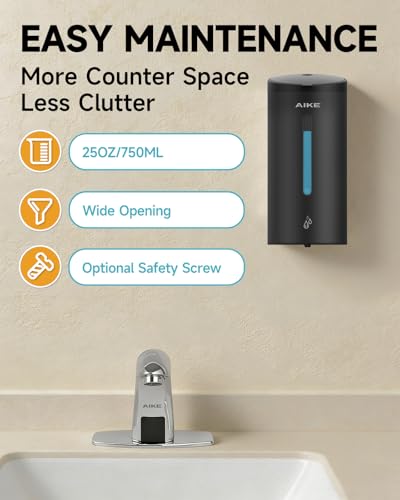 AIKE Classic Automatic Soap Dispenser,25oz for Bathroom,Matteblack AK1205E | 5-Level Adjustable and Savety Key for Commercial(4*AA Batteries Not Included),No-drill and Screw Wall Mount for Space-Saving - color: Matteblack Stainless Steel