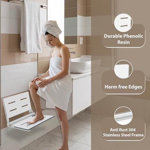 Folding Shower Seat - Wall Mount Bench for Inside Shower / Bathroom Safety Assist / 304 Stainless Steel / Phenolic Resin / Brushed Finish / 18" x 16" - color: Brushed Stainless Steel, size: 18 x 16