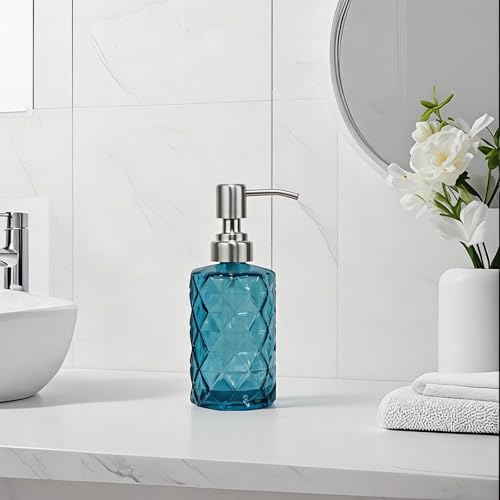 12Oz Blue Glass Soap Dispenser, Liquid Hand Bottle, Stainless Steel Pump | Refillable Clear Kitchen Soap Dispenser with Diamond Design, for Hand soap, Dish Soap, Lotion, Bathroom, Countertop, Hotel - color: Diamond Blue