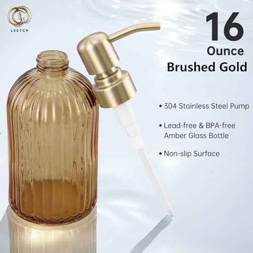 16 OZ Amber Glass Soap Dispenser, Amber Stripe Bathroom Hand Soap Dispensers with Stainless Steel Brushed Gold Pump,Brown Glass Kitchen Hand Soap Dispenser with Brushed Gold Pump - color: Brushed Gold + Amber, size: 1-Pack