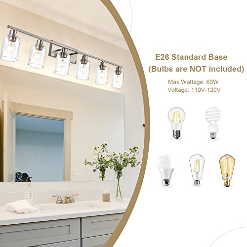 6 Light Bathroom Lighting Fixture in Brushed Nickel Finish,Classic Metal Wall Mounted Lamp Over Mirror with Clear Glass Shade Industrial Vanity Light - color: Brushed Nickel, size: 6 Light