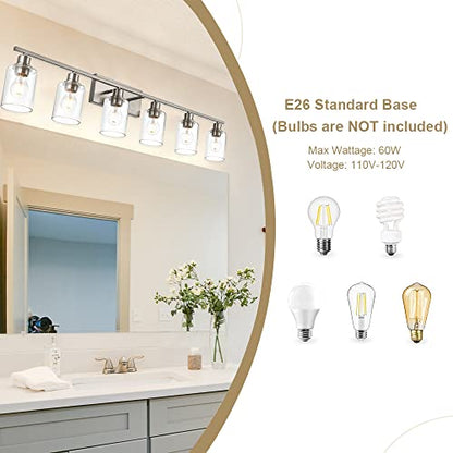 6 Light Bathroom Lighting Fixture in Brushed Nickel Finish,Classic Metal Wall Mounted Lamp Over Mirror with Clear Glass Shade Industrial Vanity Light - color: Brushed Nickel, size: 6 Light