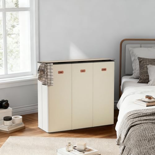 185L Laundry Hamper 3 Section with Lid, Beige Clothes Hamper with 3 Removable Laundry Bags, Large Laundry Basket for Bedroom, Laundry Room, Dorm - color: Beige