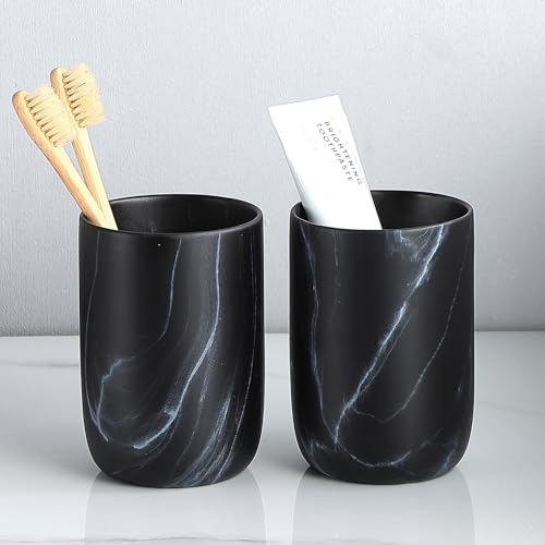 Marble Black Toothbrush Holders for Bathrooms - 2 Cups Ceramic Toothbrush Toothpaste Holders Set, Bathroom Tumbler Cups Reusable Toothbrush Cup Black Mouthwash Cup, Bathroom Counter Organizer - color: Black Marble, size: 2pcs