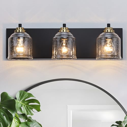 23" 3-Light Farmhouse Bathroom Vanity Light with Bubble Glass, Black | Farmhouse Rustic style, Matte Black Metal Base, E26 Ceramic Socket, UL&ETL Listed, Up&Down Mountable, Hardwired, over Mirror - size: 3-Light (23inch)