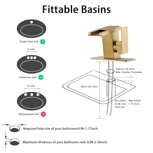 AVSIILE LED Bathroom Sink Faucet, Brushed Gold Waterfall Single Hole Handle Vanity Faucets for Sinks 1 Hole with Metal Pop Up Drain and 2 Water Supply Lines, Side Handle - color: Brushed Gold
