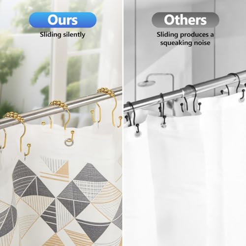 Resze Double Shower Curtain Hooks, Sturdy Metal Nickel Shower Curtain Rings, Glide Roller Shower Hooks,Rust Proof Anti-Drop Curtain Hooks, 12 Pcs Smooth Sliding Rings for Bathroom Shower Rods Curtains - color: Gold