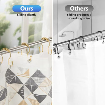 Resze Double Shower Curtain Hooks, Sturdy Metal Nickel Shower Curtain Rings, Glide Roller Shower Hooks,Rust Proof Anti-Drop Curtain Hooks, 12 Pcs Smooth Sliding Rings for Bathroom Shower Rods Curtains - color: Gold